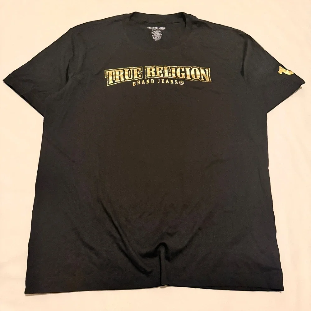 True Religion T-Shirt Mens 2XL Black Gold Foil Logo Graphic Short Sleeve Tee